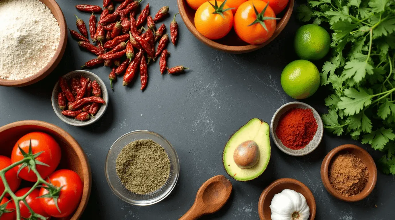 A collection of fresh ingredients for authentic Mexican snacks, including tomatoes, dried chilies, limes, cilantro, avocado, garlic, masa harina, and various spices displayed on a dark background.