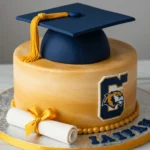 A single-tiered graduation-themed cake with a gold ombre design, topped with a navy blue fondant graduation cap and tassel. The cake features a crest emblem and is adorned with a rolled diploma tied with a golden ribbon.