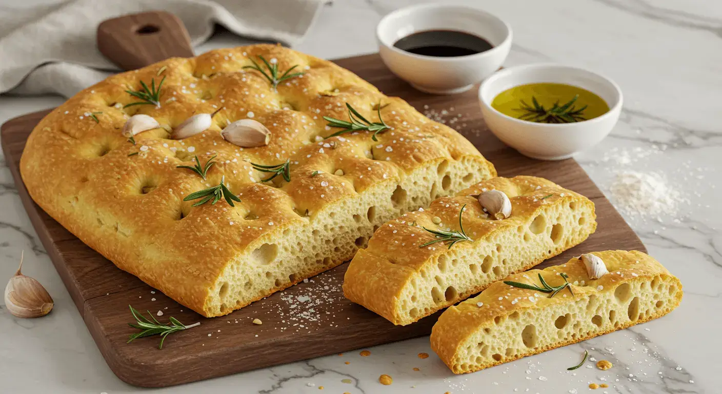 A golden-brown sourdough discard focaccia topped with fresh rosemary and thyme, resting on a parchment-lined surface.