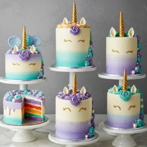 Create a stunning and whimsical Unicorn Cake that’s perfect for birthdays, celebrations, or any magical occasion! This easy-to-follow recipe features a soft, fluffy vanilla rainbow sponge cake layered with pastel-colored buttercream frosting. Topped with a fondant unicorn horn, ears, and edible glitter, this cake is as delightful to look at as it is to eat.