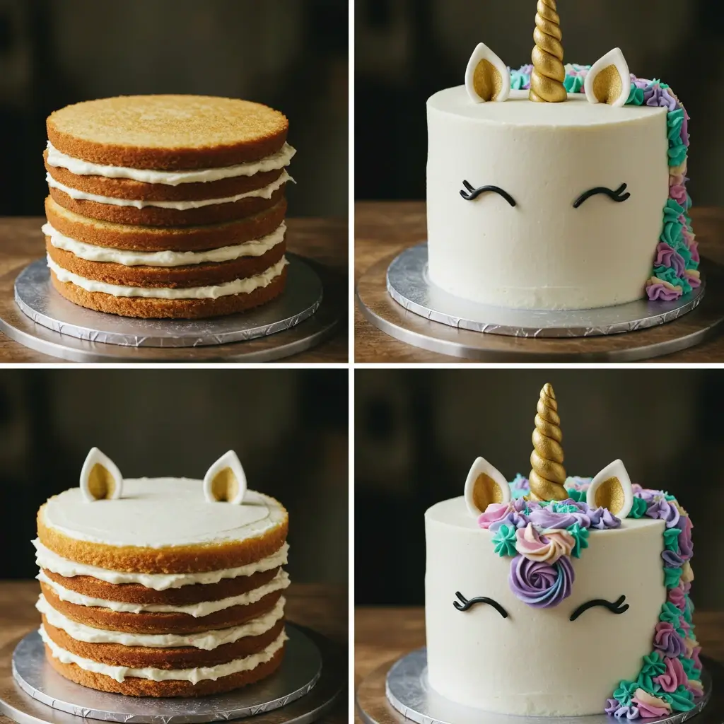 As the unicorn cake starts to take shape during decoration.