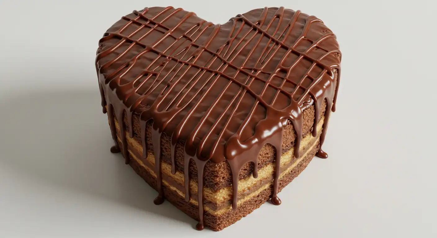 Heart-shaped chocolate cake with dripping ganache glaze, layered sponge cake with cream filling, decorated with crisscrossing chocolate drizzle pattern on top