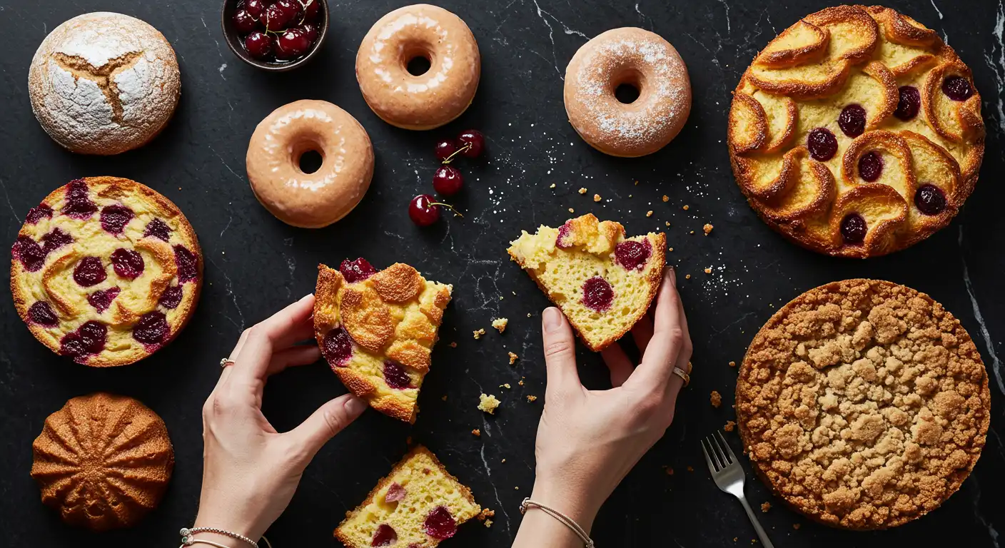 Assortment of sourdough desserts including cherry cakes, glazed donuts, and crumb cake on black marble surface