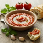 Traditional Spanish tomato sauce served in a clay bowl with olive oil drizzle, fresh basil, garlic, and crusty bread