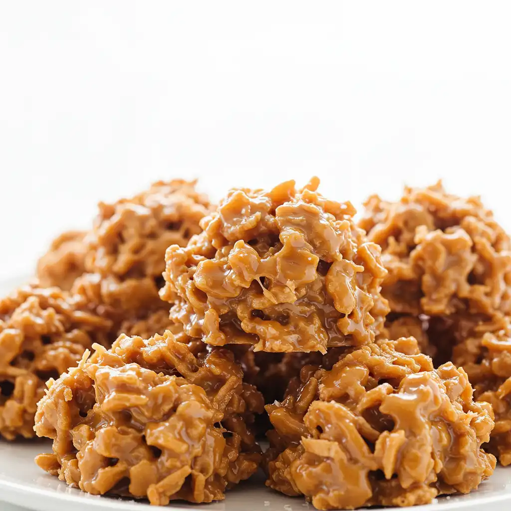 Homemade no-bake coconut clusters with caramel-colored sweetener on white plate, keto-friendly snack