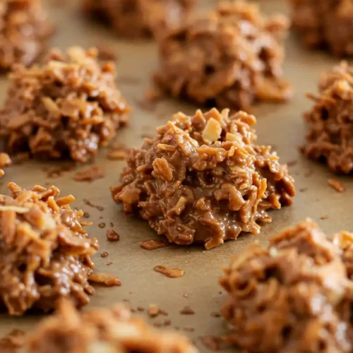 Freshly prepared coconut clusters on parchment paper-lined baking sheet, ready to set