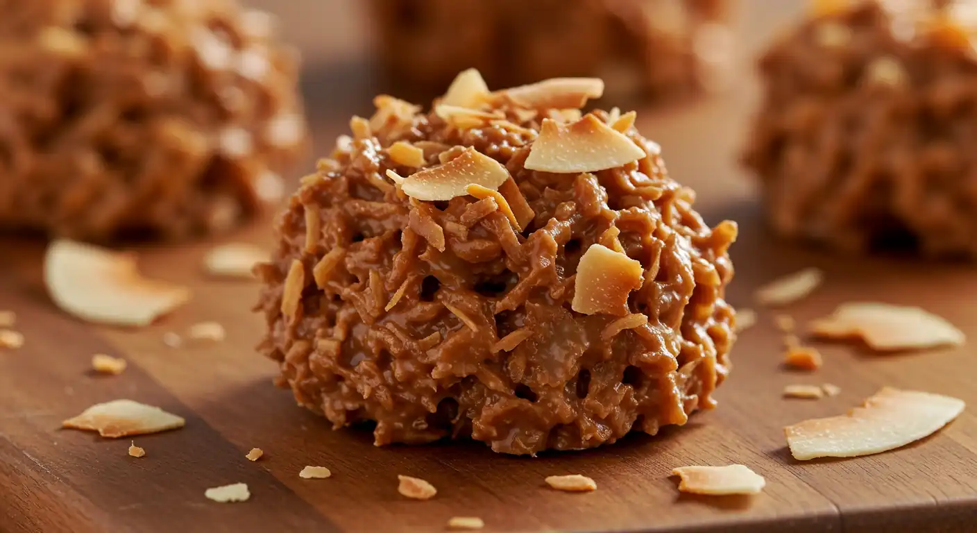 Homemade chocolate coconut clusters with toasted coconut flakes on wooden board, healthy keto-friendly snack