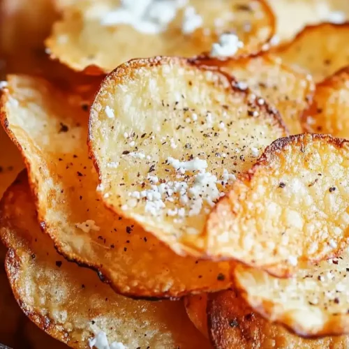 A bowl of crispy, golden-brown cottage cheese chips topped with a dollop of seasoned cottage cheese and freshly ground black pepper.