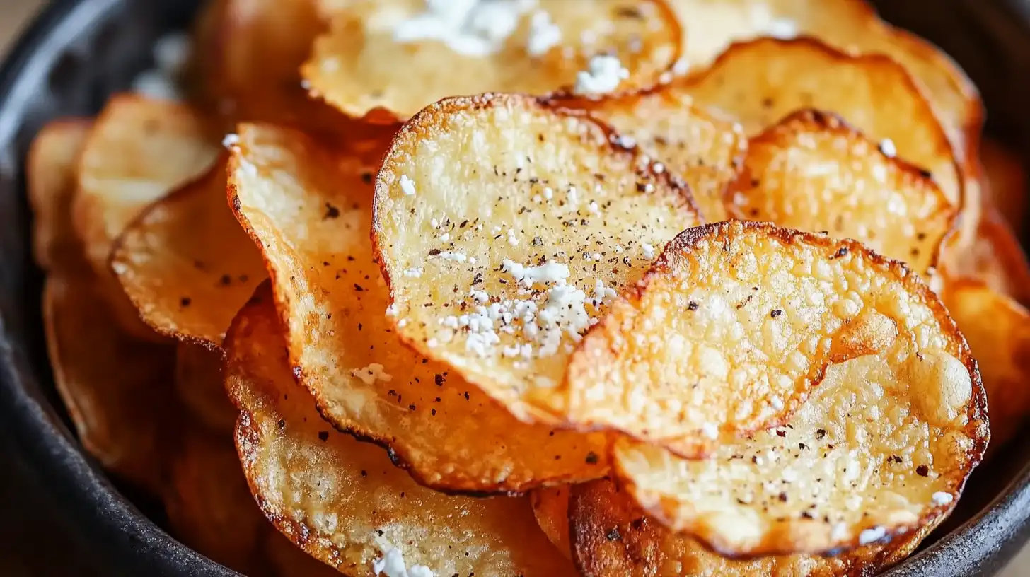 A bowl of crispy, golden-brown cottage cheese chips topped with a dollop of seasoned cottage cheese and freshly ground black pepper.