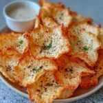 Close-up of crispy, golden-brown cottage cheese chips seasoned with cracked black pepper and herbs, served with a creamy dipping sauce in a white ramekin.