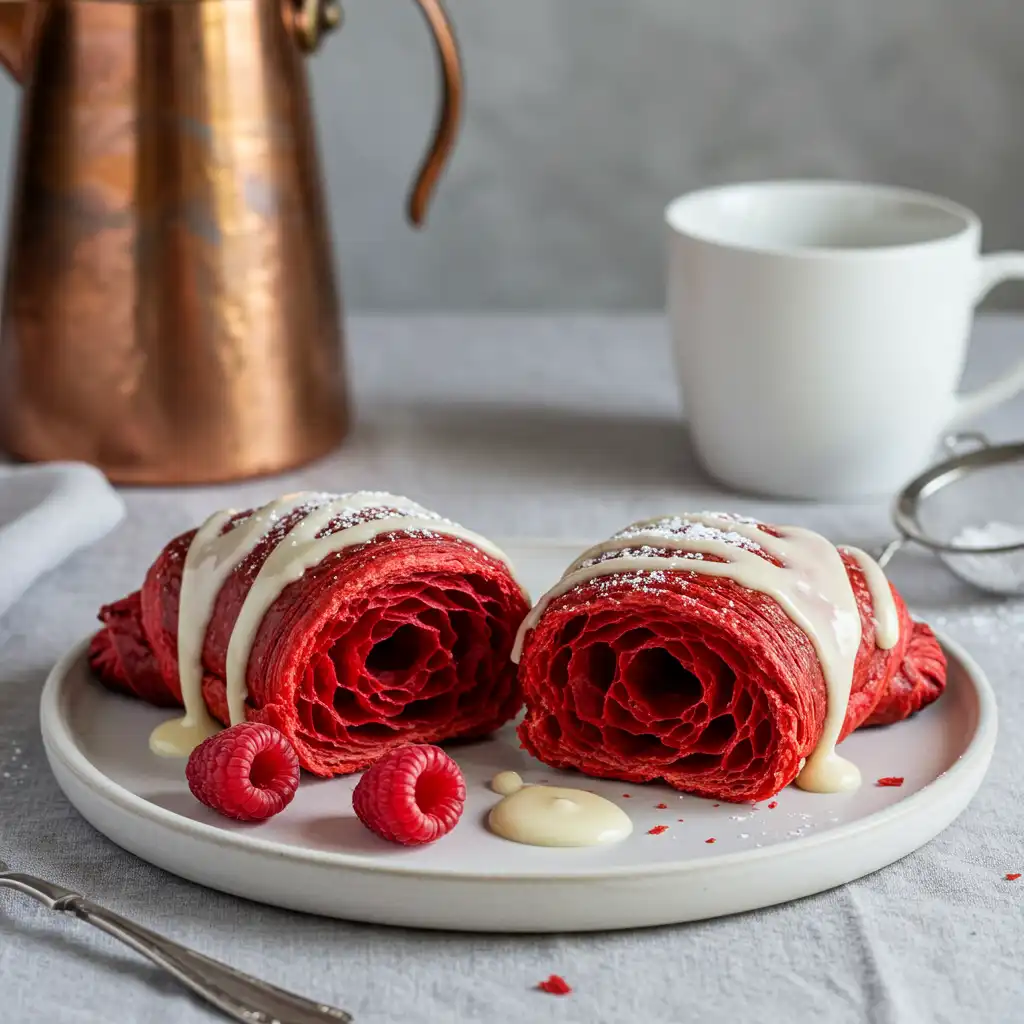 Cross section of red velvet croissants showing flaky layers, drizzled with cream cheese glaze and garnished with fresh raspberries, served with copper coffee pot