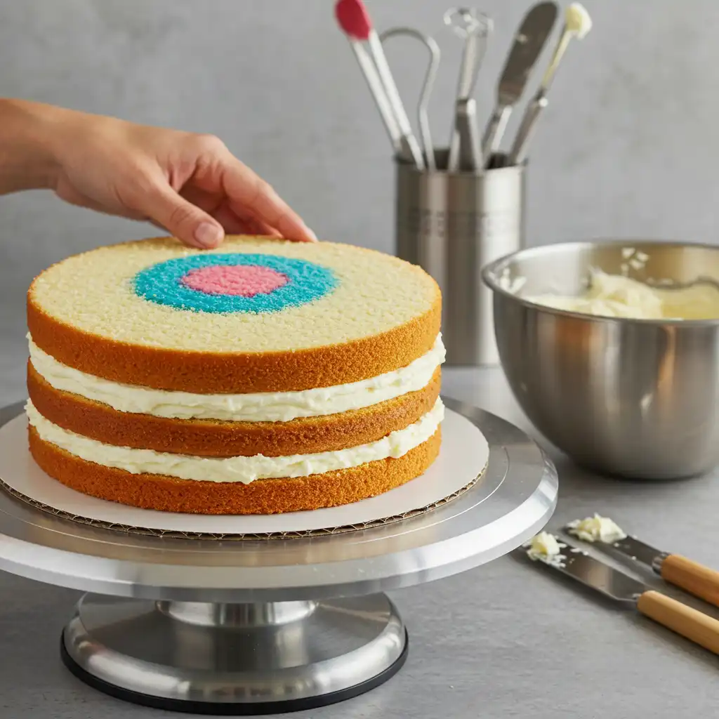 Gender reveal cake assembly showing pink and blue bullseye design inside vanilla layers with white buttercream filling, displayed on silver cake turntable with baking tools