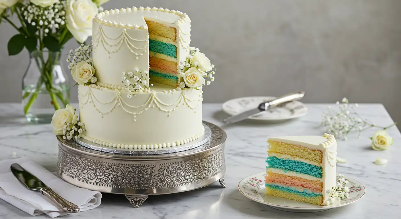 Elegant two-tier white wedding cake with pearl piping detail and colorful surprise inside layers of yellow, turquoise, and pink, decorated with fresh white roses and baby's breath on silver antique cake stand