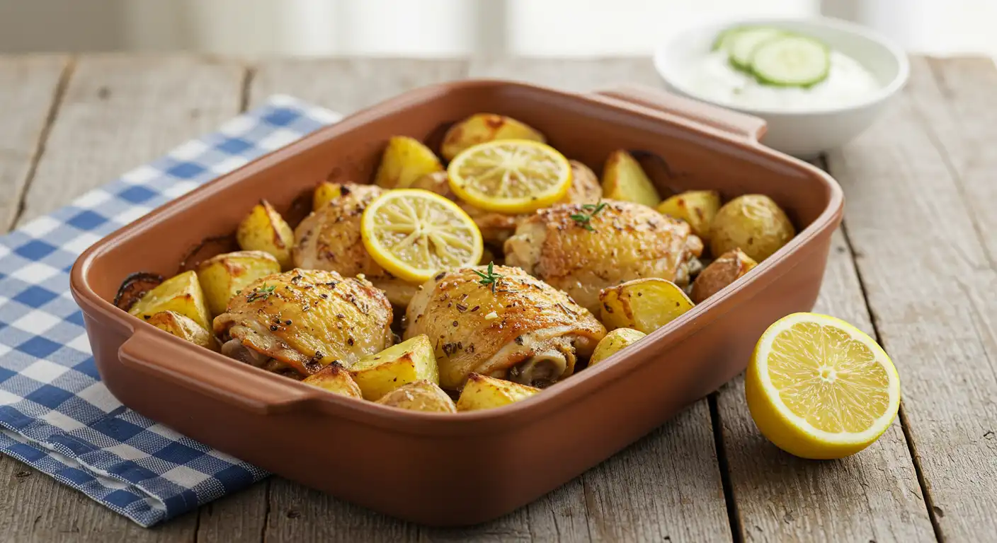 Golden roasted Greek lemon chicken thighs with crispy skin and herb-seasoned potatoes in a terracotta baking dish on rustic wooden table with blue checkered napkin