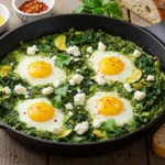 Green Shakshuka stone soup in a cast iron skillet with four perfectly poached eggs, crumbled feta cheese, and fresh cilantro, served with sourdough bread slices and accompanied by olive oil and chili flakes.