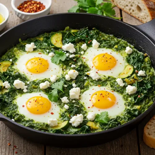 Green Shakshuka stone soup in a cast iron skillet with four perfectly poached eggs, crumbled feta cheese, and fresh cilantro, served with sourdough bread slices and accompanied by olive oil and chili flakes.