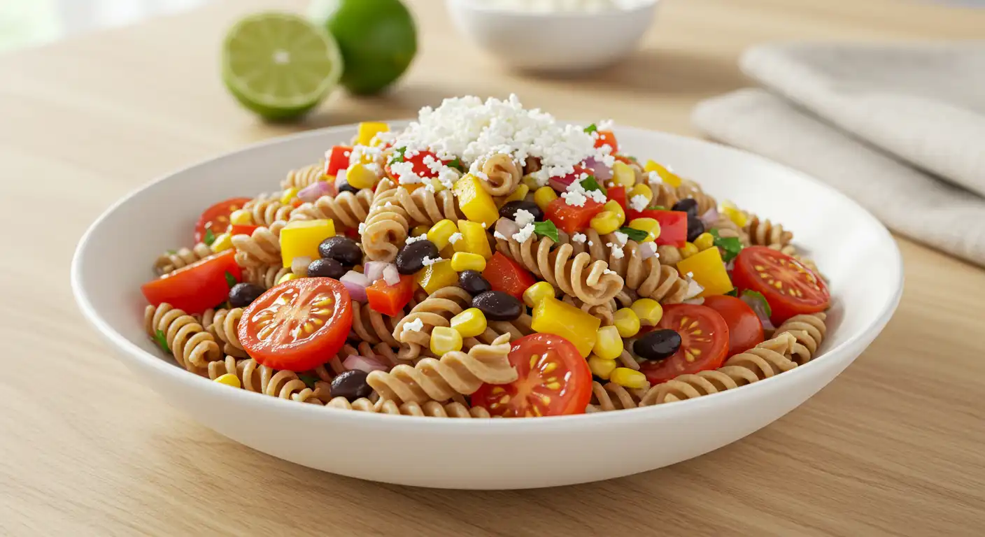 Healthy Mexican pasta salad with whole wheat rotini, cherry tomatoes, black beans, corn, yellow bell peppers, red onions, and crumbled cotija cheese served in a white bowl with fresh limes