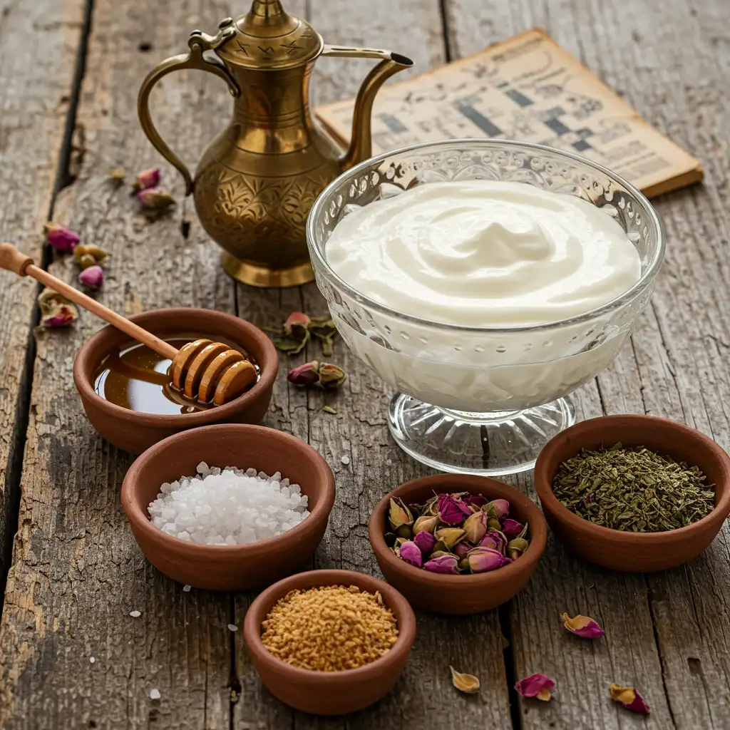 Crystal bowl of whipped yogurt displayed with clay bowls containing salt, honey, dried rose buds, and herbs, alongside vintage brass pitcher and honey dipper on rustic wooden surface with crossword puzzle