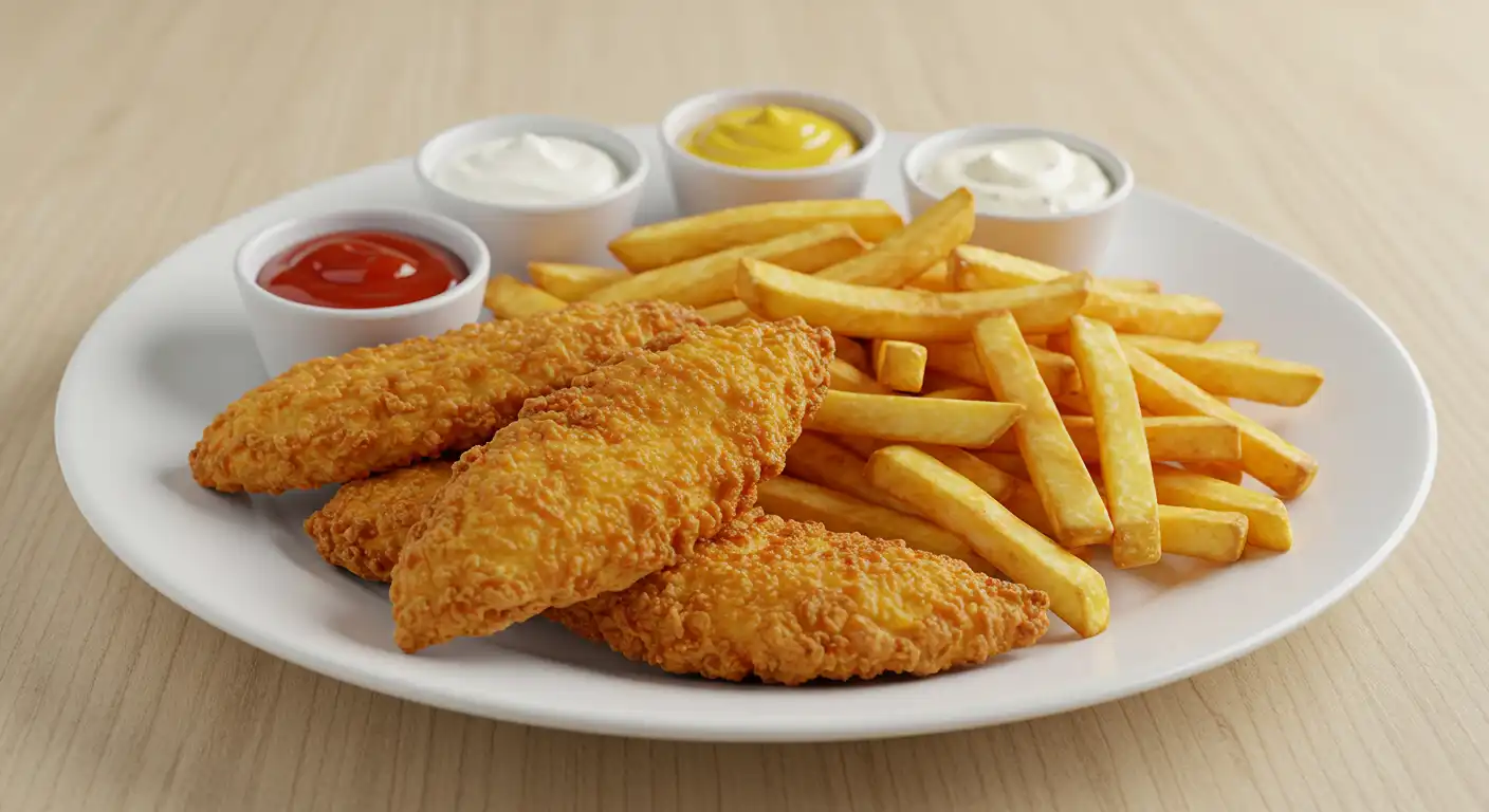 Crispy breaded chicken tenders served with golden french fries and four dipping sauces including ketchup, mustard, and two white sauces on a white plate