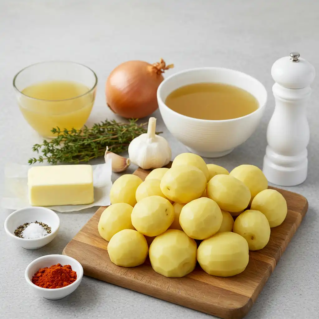 Ingredients for smothered potatoes including peeled potatoes, butter, chicken broth, onion, garlic, thyme, paprika, salt and pepper on marble countertop
