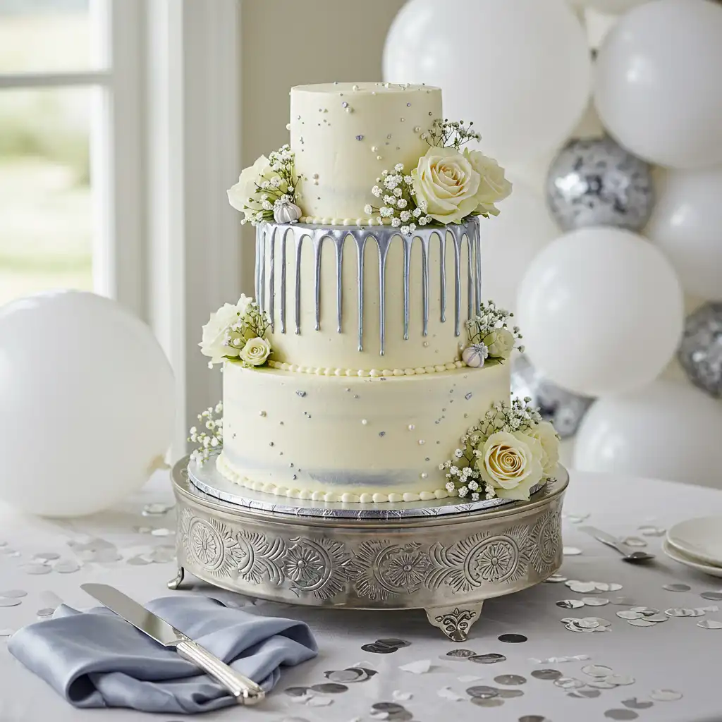 Three-tier elegant white wedding cake with silver drip effect, pearl decorations, fresh white roses and baby's breath, displayed on ornate silver stand with balloon backdrop