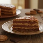 Slice of layered Marquesa de Chocolate dessert on a decorative plate with Maria biscuits and chocolate pieces on a wooden table