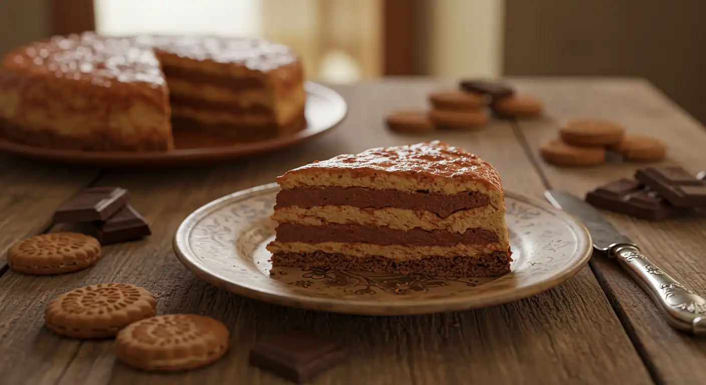 Slice of layered Marquesa de Chocolate dessert on a decorative plate with Maria biscuits and chocolate pieces on a wooden table