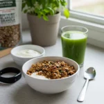Healthy breakfast with everything bagel savory granola served over yogurt, alongside green juice, with fitness tracker and basil plant in a bright kitchen setting