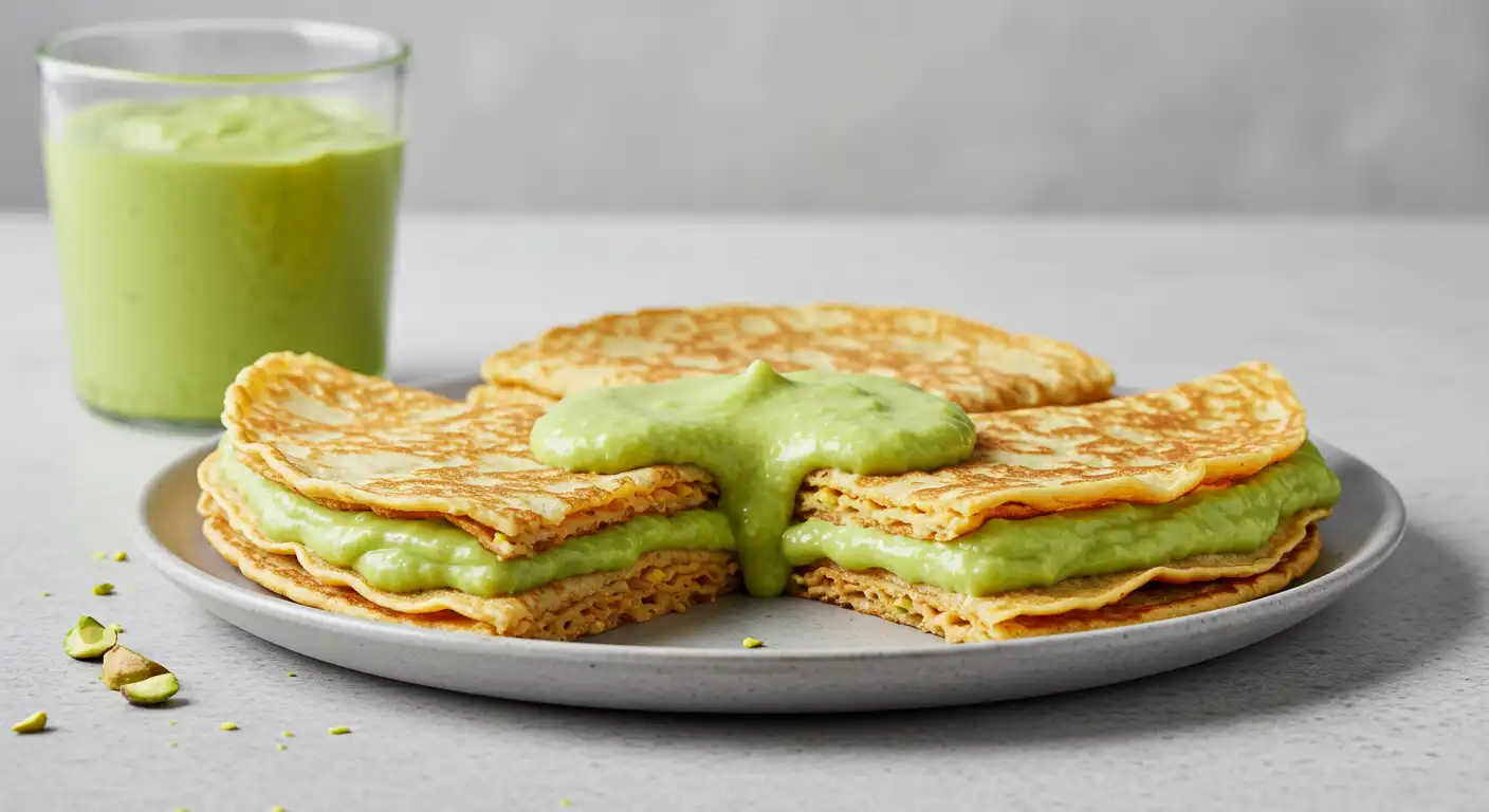 Protein crepes with pistachio pudding filling stacked on white plate, served with matching green smoothie