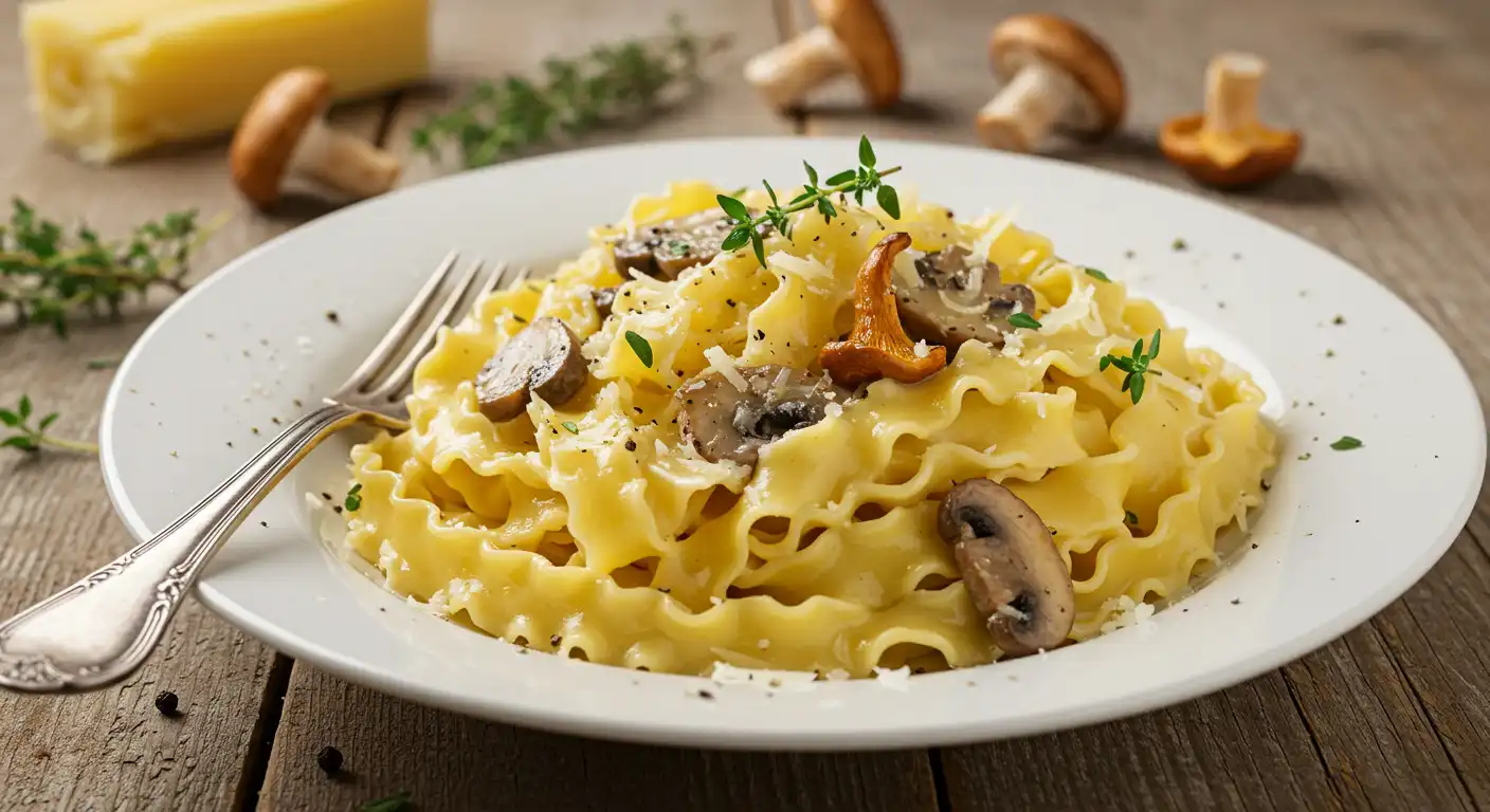 Mafaldine pasta with sautéed mushrooms, fresh thyme, grated parmesan cheese, and black pepper served on a white plate with rustic wooden table setting