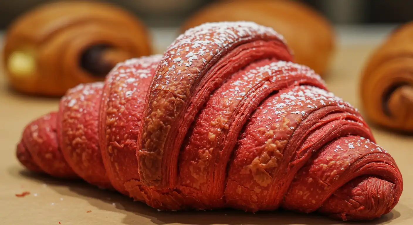 Red velvet croissant with flaky layers dusted with powdered sugar on wooden surface