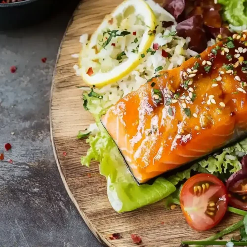 Glazed salmon belly fillet served on a wooden platter with fresh salad, rice, and lemon garnish