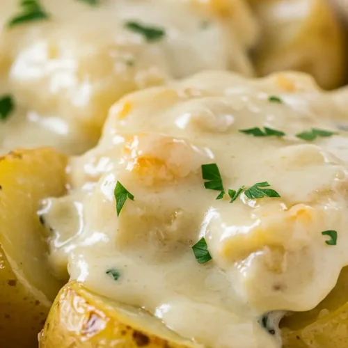 Close-up of creamy smothered potatoes with rich white sauce and fresh herbs in a white serving dish