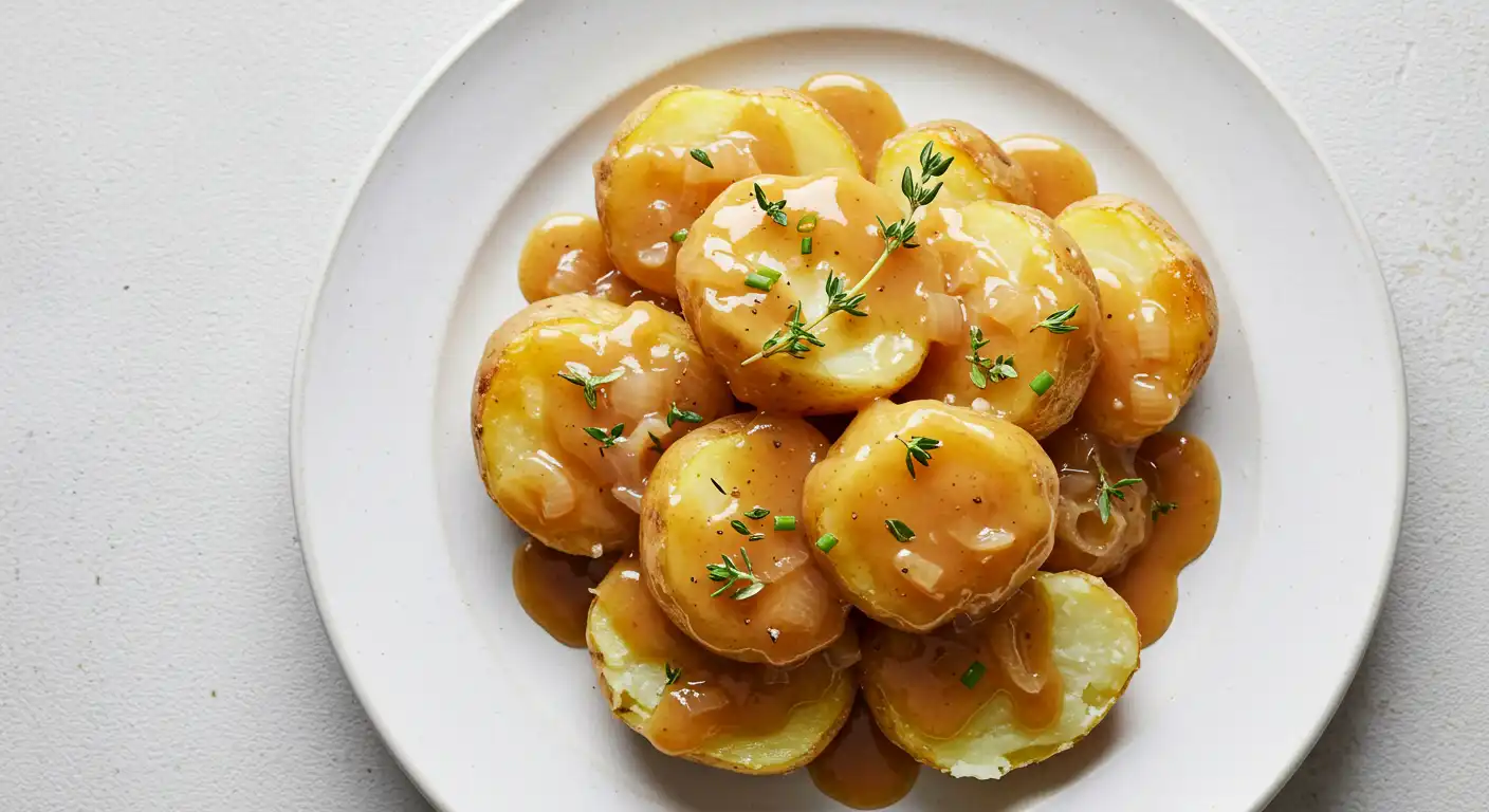 Golden Yukon potatoes smothered in rich savory gravy with fresh thyme sprigs on a white plate