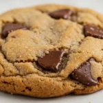 A stack of three sourdough chocolate chip cookies on a simple white ceramic plate, with one cookie broken in half to reveal a chewy center with melted chocolate chunks.