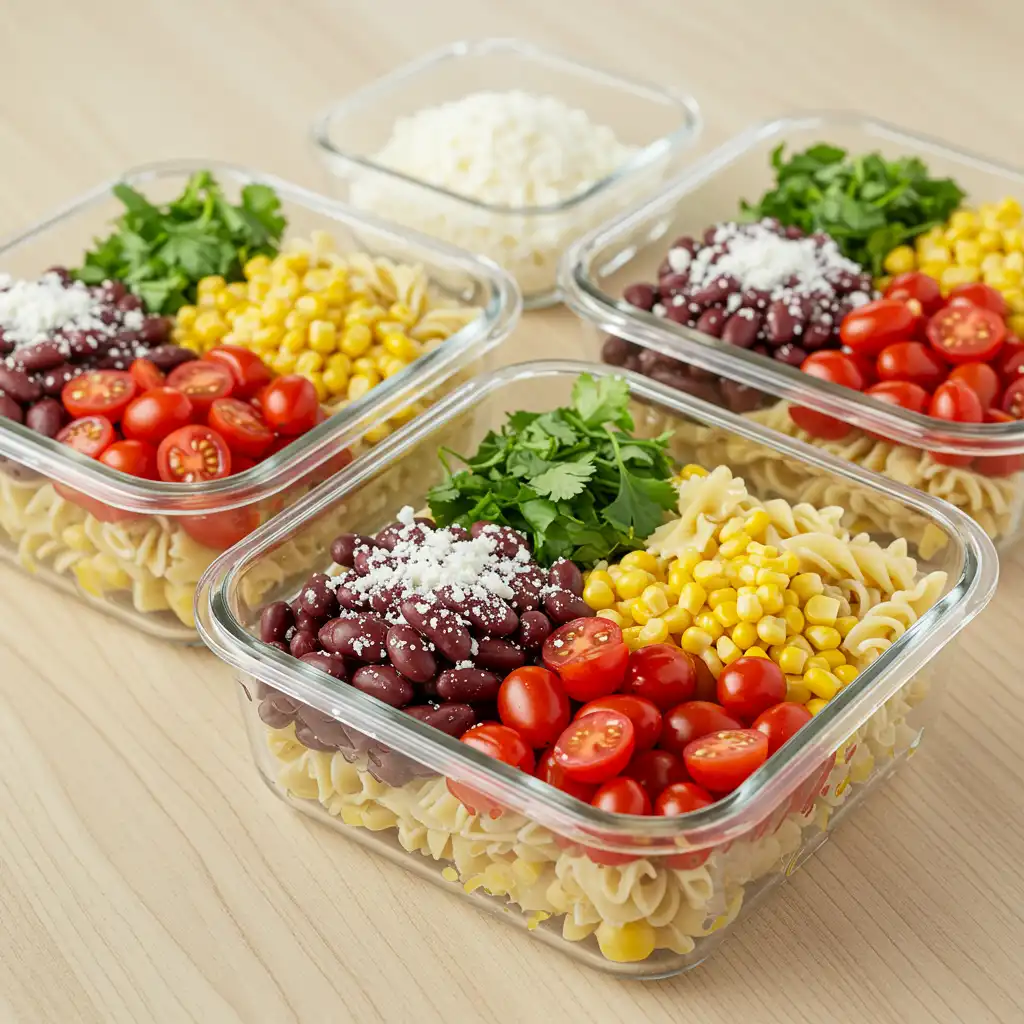 Healthy Mexican pasta salad meal prep containers showing perfect portioning with whole wheat pasta, black beans, corn, tomatoes, cilantro, and cotija cheese