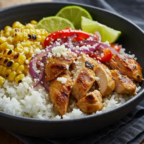 Mexican-inspired street corn chicken rice bowl with grilled corn, marinated chicken breast, lime wedges, pickled red onions, cotija cheese, and white rice in a black bowl