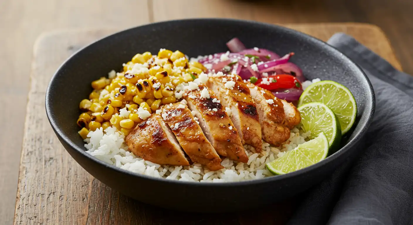 Mexican-inspired street corn chicken rice bowl with grilled corn, marinated chicken breast, lime wedges, pickled red onions, cotija cheese, and white rice in a black bowl