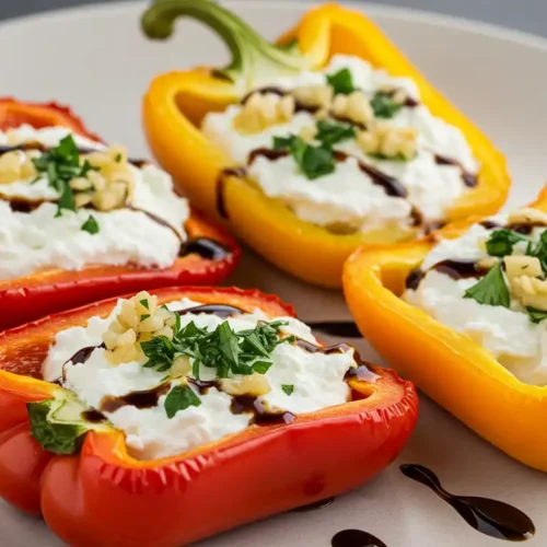 Stuffed sweet peppers with goat cheese and balsamic reduction - red and yellow bell peppers filled with creamy cheese, topped with fresh herbs and balsamic glaze on a white plate