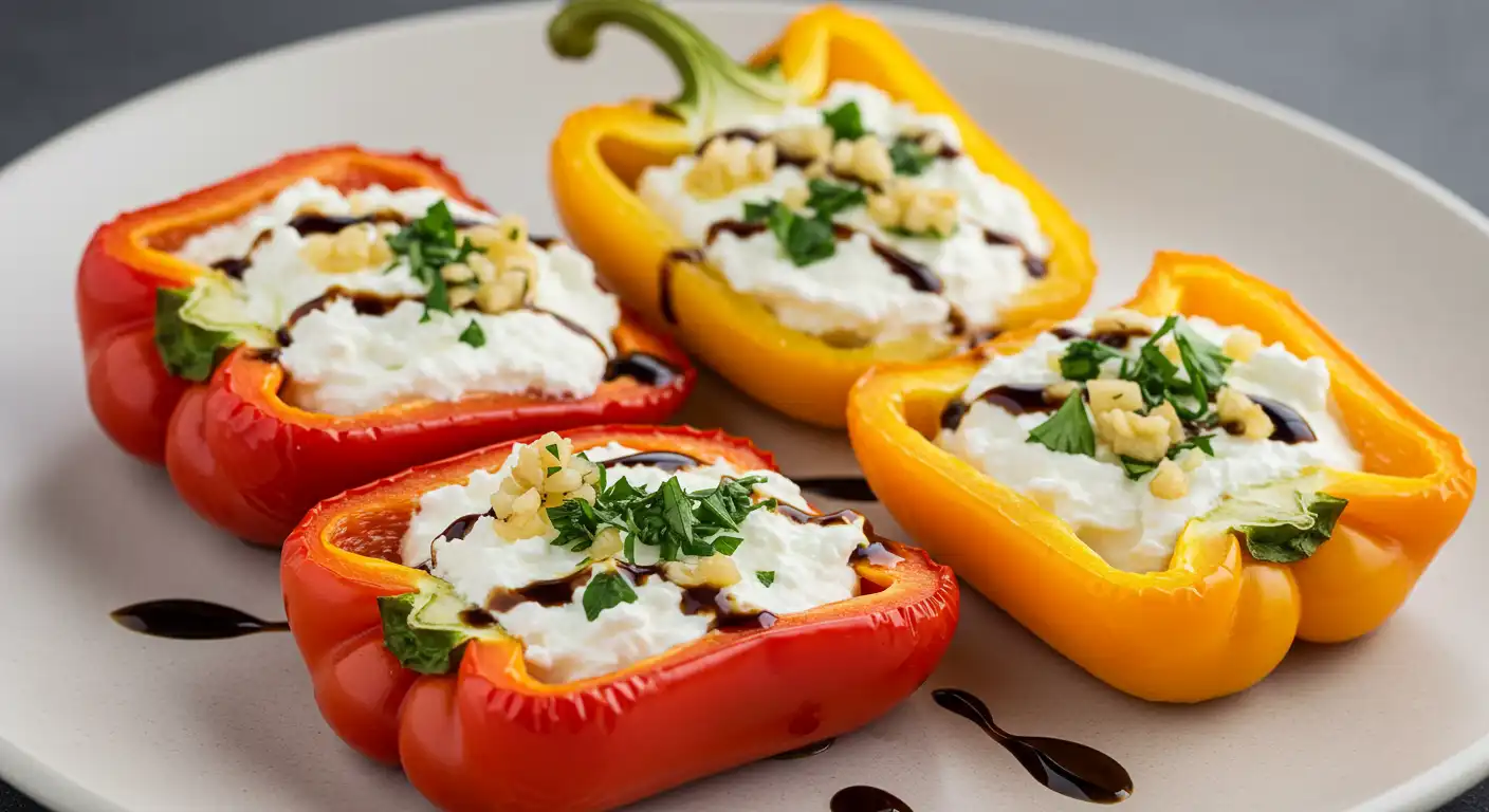 Stuffed sweet peppers with goat cheese and balsamic reduction - red and yellow bell peppers filled with creamy cheese, topped with fresh herbs and balsamic glaze on a white plate