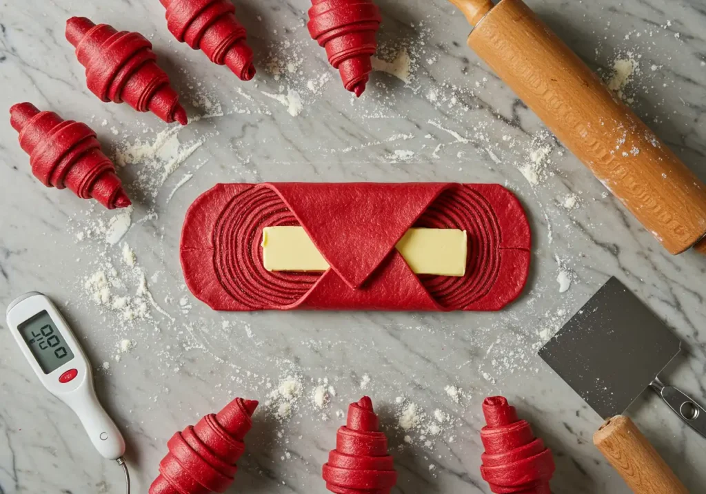 Red velvet croissant dough lamination with butter blocks on marble surface, surrounded by shaped croissants, rolling pin, pastry scraper, and digital thermometer