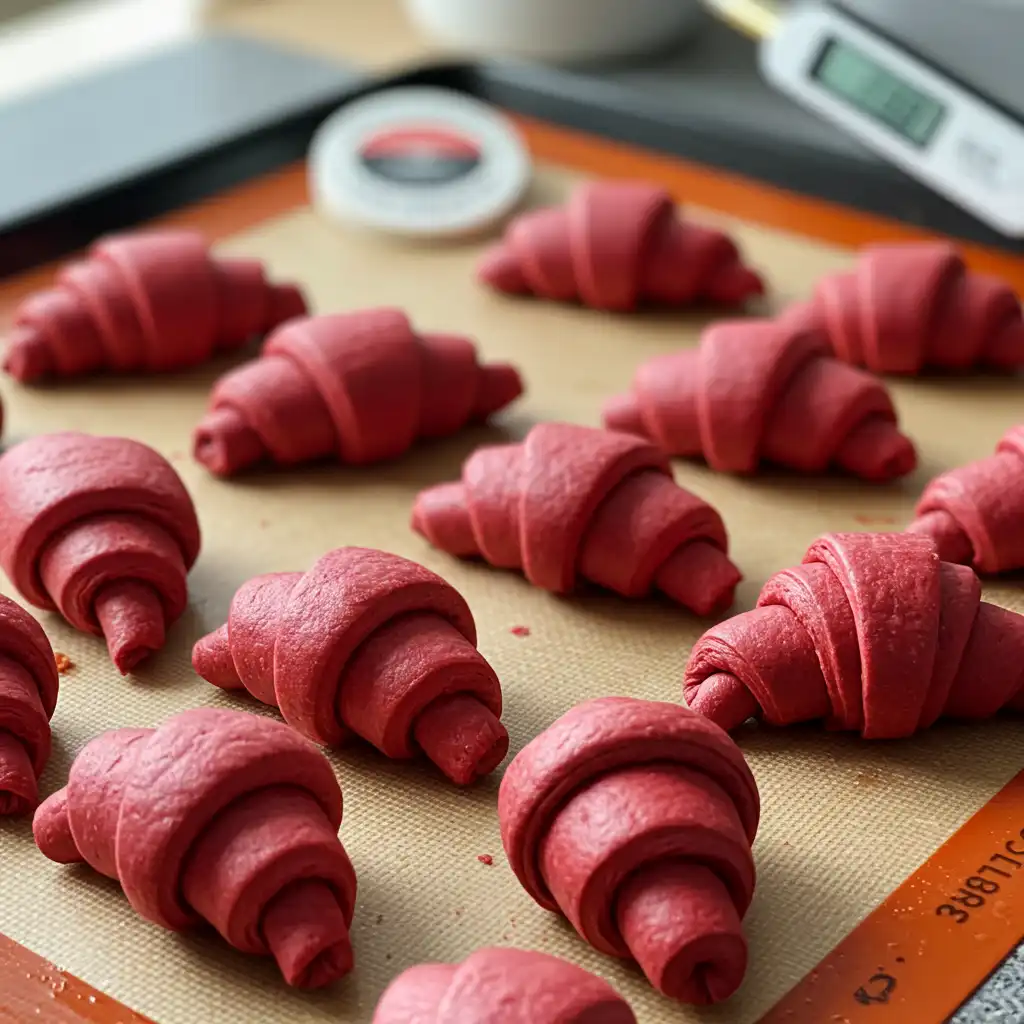 Unbaked red velvet croissants arranged on silicone baking mat, showing perfect shaping and consistent sizing ready for proofing