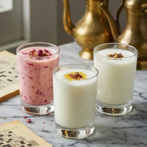 Three elegant glasses of cold yogurt drinks on marble surface - pink rose lassi, honey-topped lassi, and classic ayran - garnished with rose petals and pistachios, arranged with vintage brass teapots and crossword puzzle