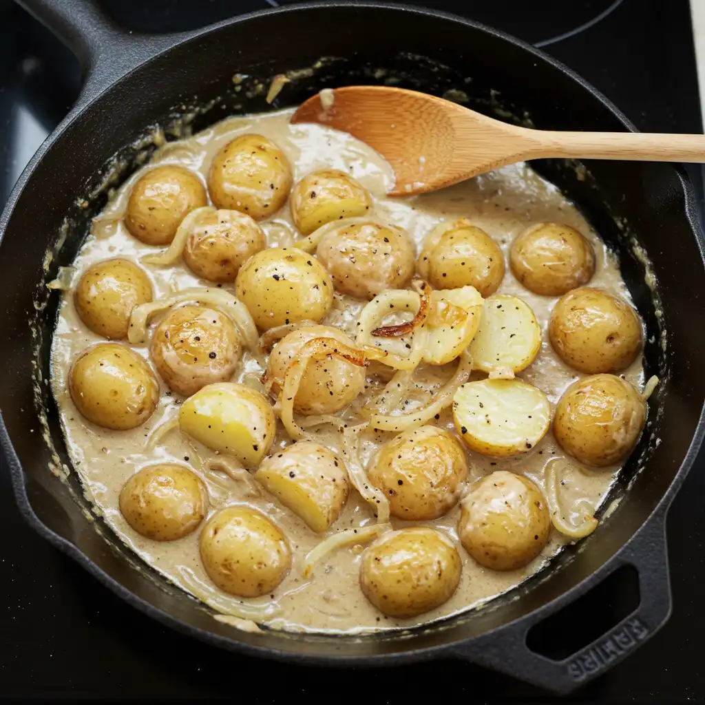 Cast iron skillet filled with baby potatoes simmering in creamy sauce with sautéed onions and a wooden spoon