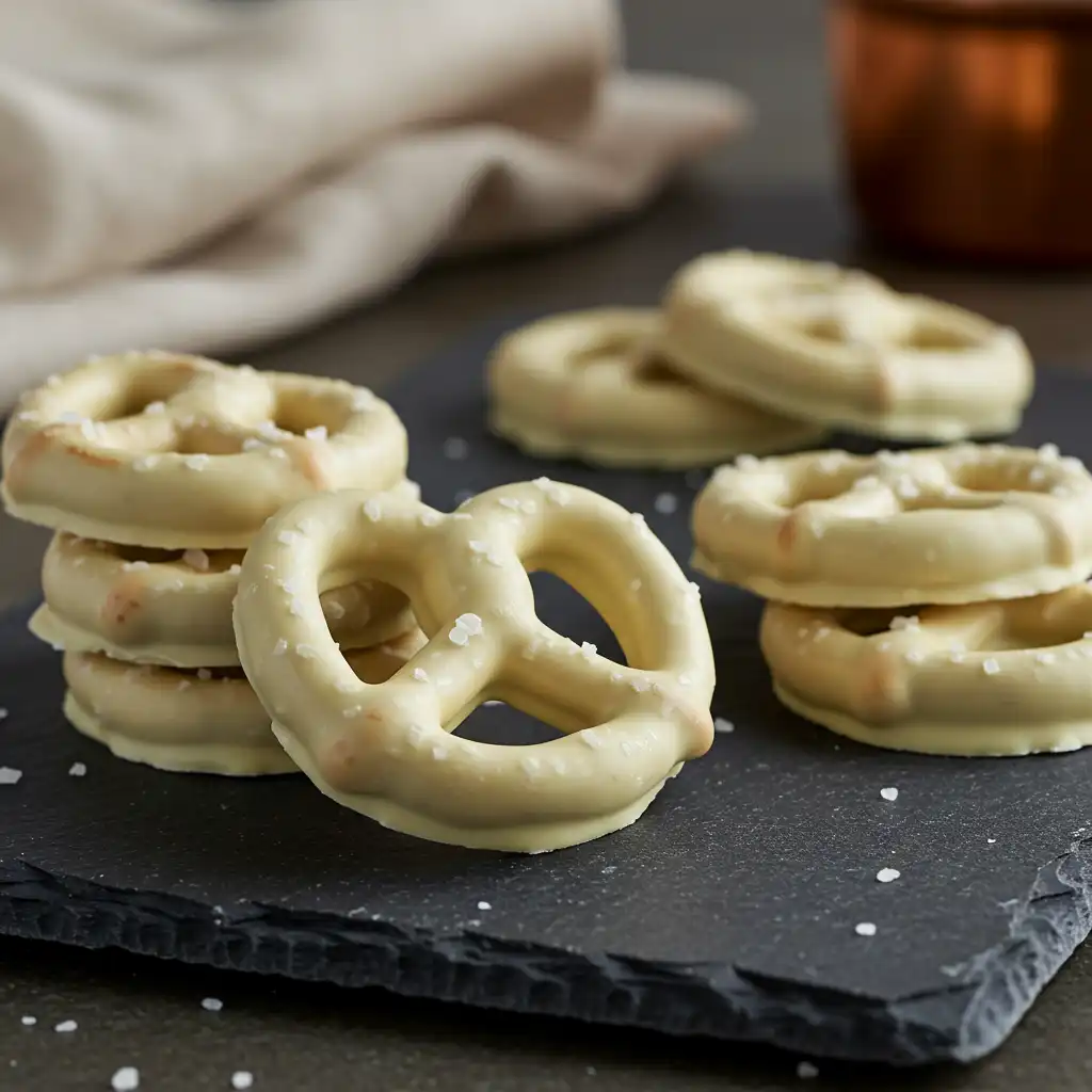 White chocolate dipped pretzels arranged on black slate serving board with sea salt garnish