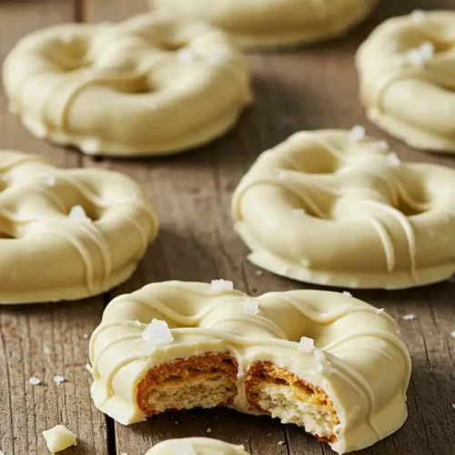 Freshly dipped white chocolate pretzels on rustic wooden board with bite marks showing pretzel interior and sea salt crystals