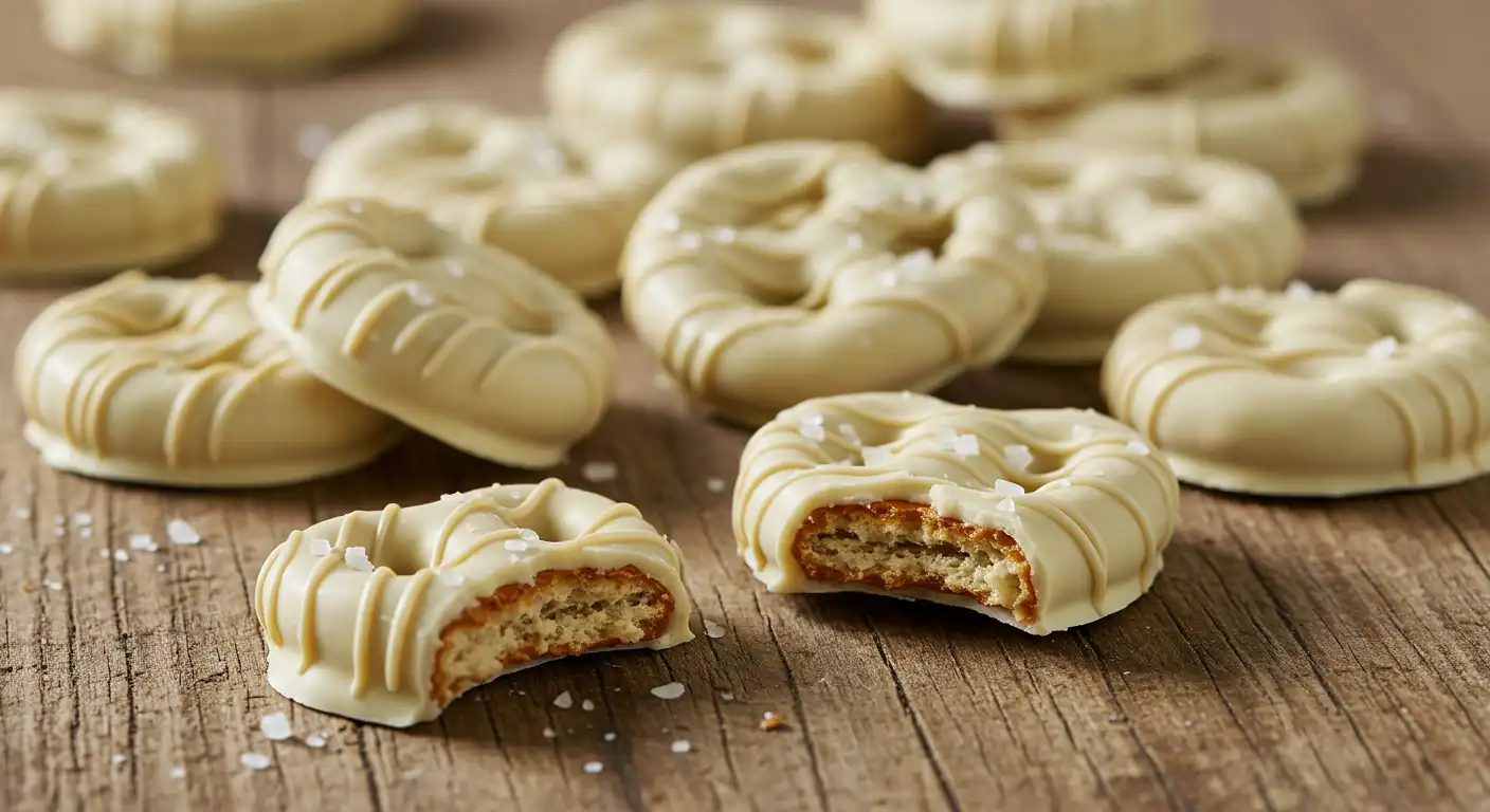 White chocolate pretzels with sea salt flakes on rustic wooden surface, showing bite marks revealing crunchy interior