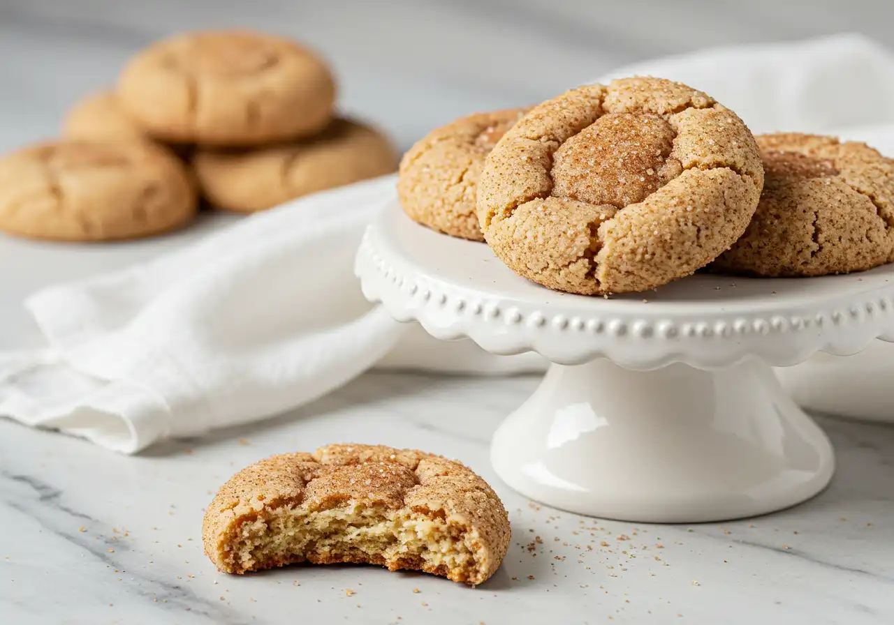 Fresh cinnamon cream cheese cookies with crackling tops displayed on white cake stand, showing perfect texture with one broken cookie revealing soft interior crumb on marble surface