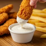 Close-up shot of crispy potato-crusted chicken tender being dipped in creamy ranch sauce, showing golden coating and creamy sauce drip