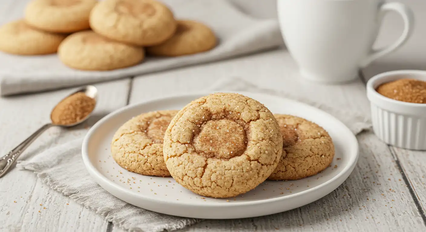 Homemade cinnamon cream cheese cookies with crackled tops and cinnamon sugar coating on a white plate with coffee cup and spices in background